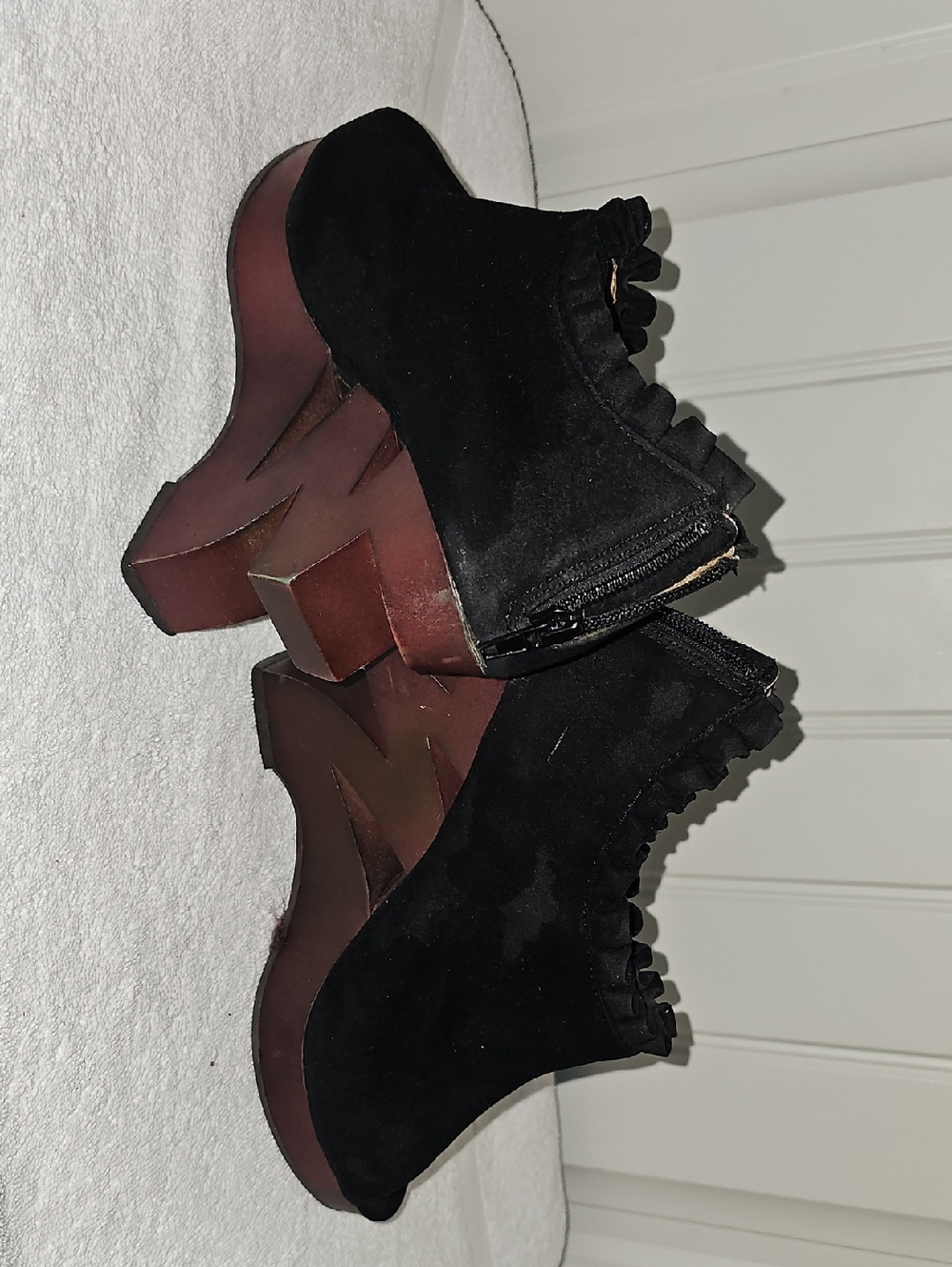 Wild Rose Black Suede Platform Ankle Booties with Wooden-Look Heel